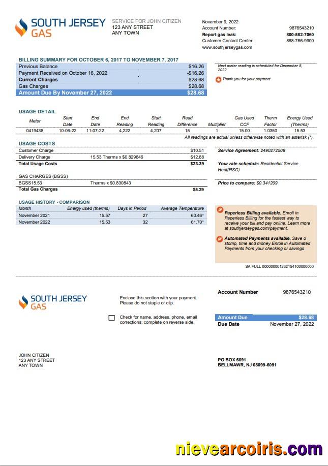 Realistic USA New Jersey South Jersey Gas Utility Bill Template In Word And PDF Format