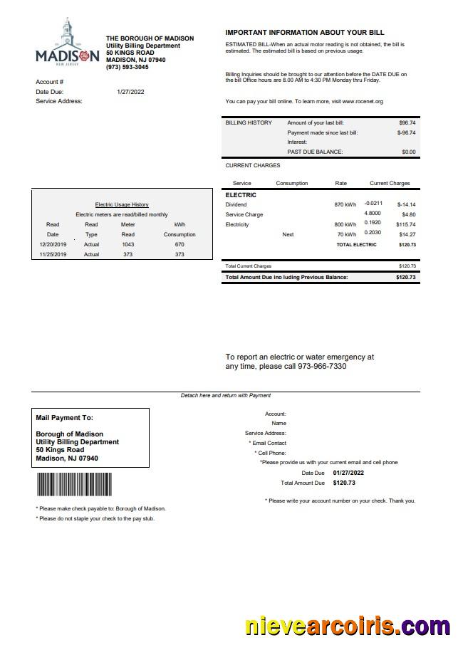 Professional USA New Jersey The Borough Of Madison Utility Bill Template In Word And PDF Format