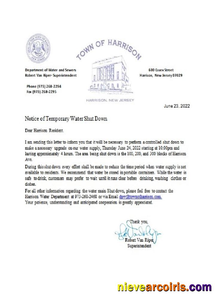 USA New Jersey Town Of Harrison Water Shut Off Notice Template