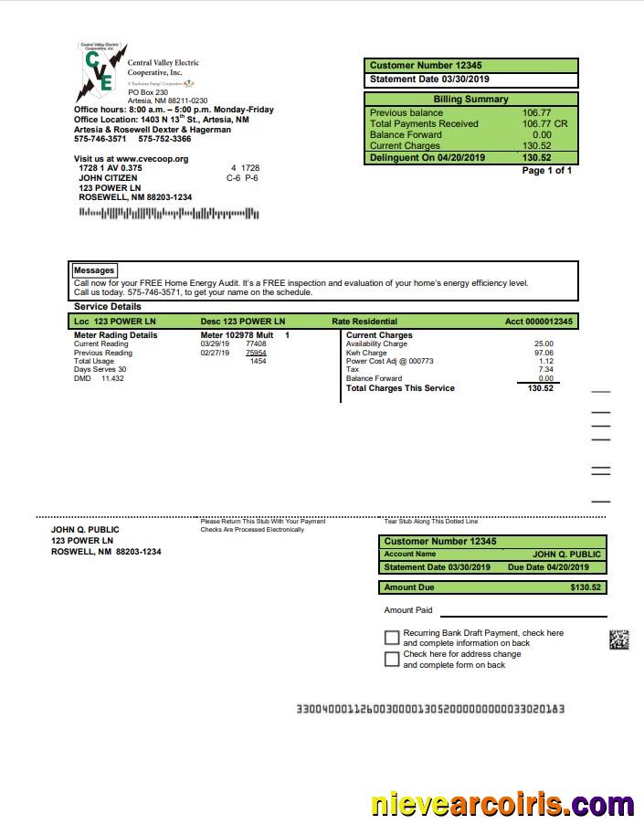 Professional USA New Mexico Electricity Proof Of Address Utility Bill Template In Word And PDF Format