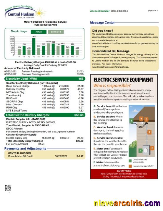 Realistic USA New York Central Hudson A Fortis Company Utility Bill, Word And PDF Template, 3 Pages 3
