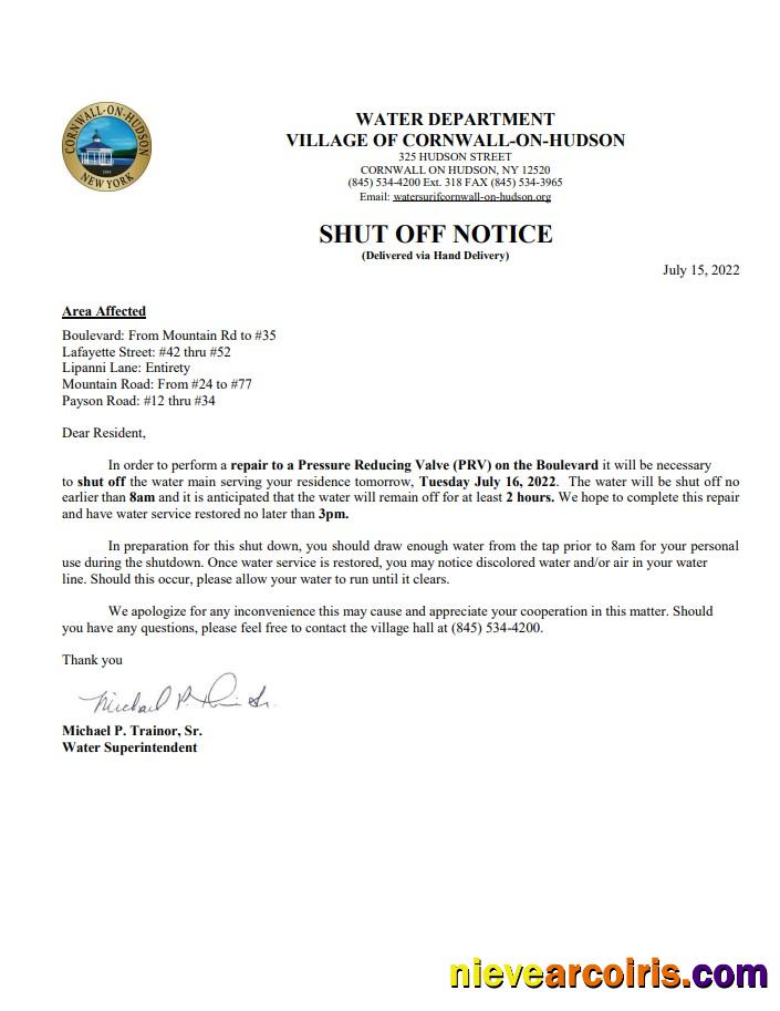 Professional USA New York Cornwall On Hudson Water Utility Bill Shutoff Notice, Word And PDF Template