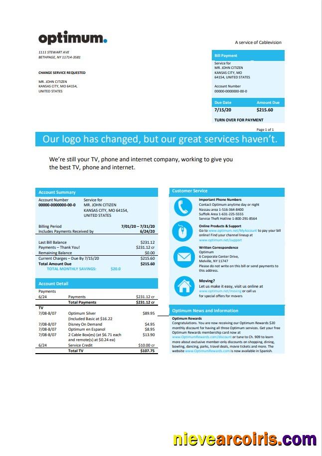 Realistic USA New York Optimum Cablevision Bill Template In Word And PDF Format