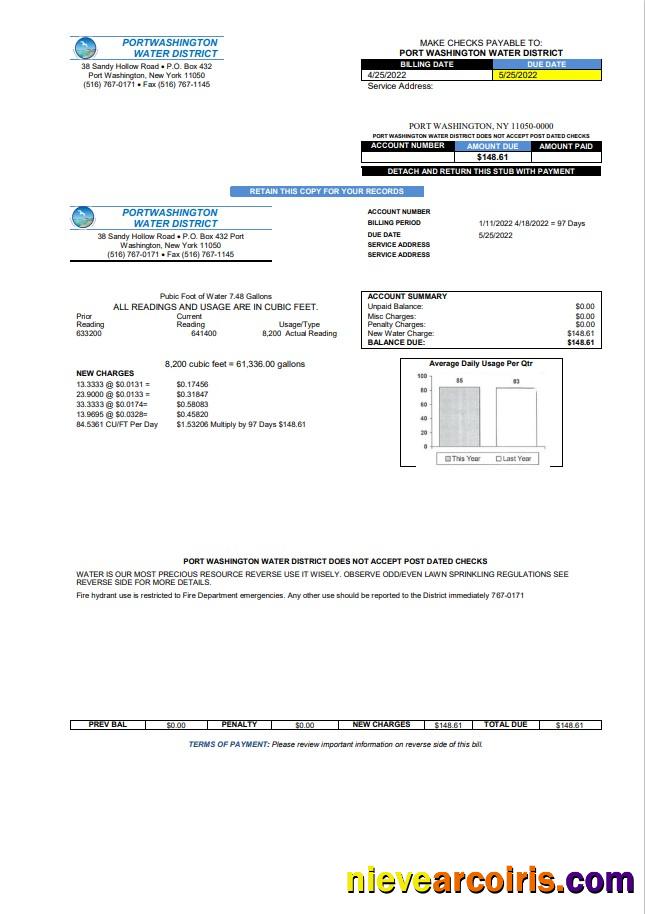 Professional USA New York Port Washington Water District Utility Bill Template In Word And PDF Format