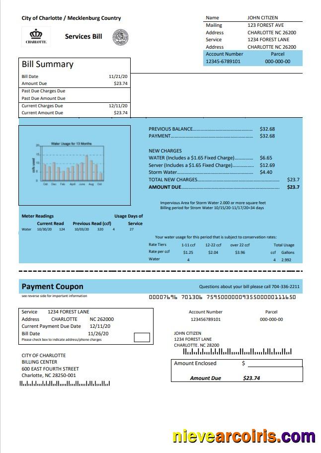 Editable USA North Carolina City Of Charlotte Water Utility Bill Template In Word And PDF Format