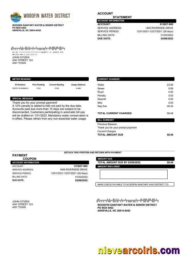 Professional USA North Carolina Woodfin Sanitary Water & Sewer District Utility Bill Template In Word And PDF Format