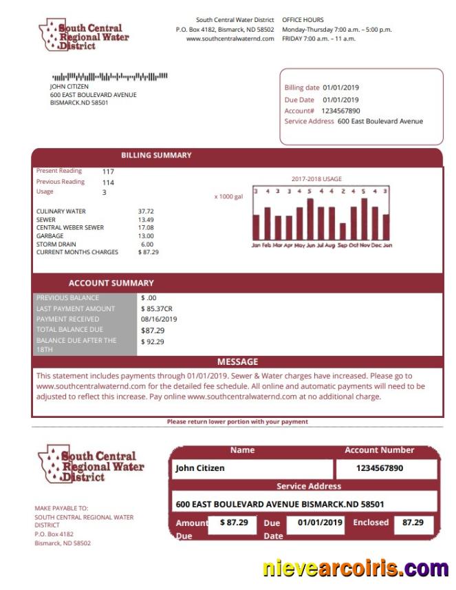 Premium USA North Dakota South Central Regional Water District Utility Bill Template In Word And PDF Format