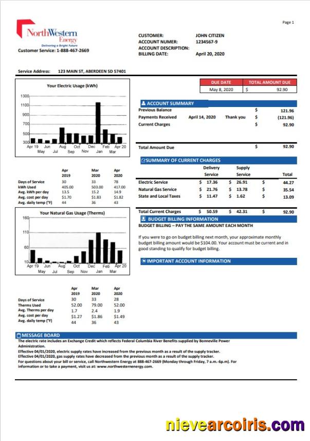 Premium USA NorthWestern Energy Utility Bill Template In Word And PDF Format, Version 1
