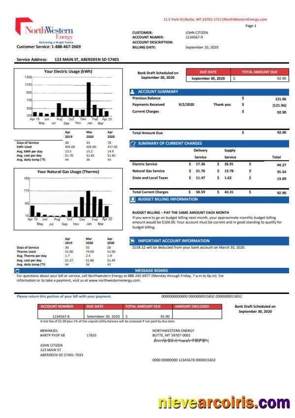 Editable USA NorthWestern Energy Utility Bill Template In Word And PDF Format, Version 2