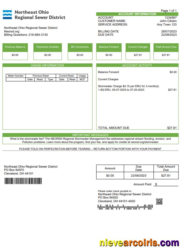Professional USA Northeast Ohio Regional Sewer District Utility Bill Word And PDF Template