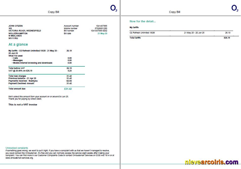 Premium USA O2 Utility Bill Template In Word And PDF Formats, 2 Pages, Version 2