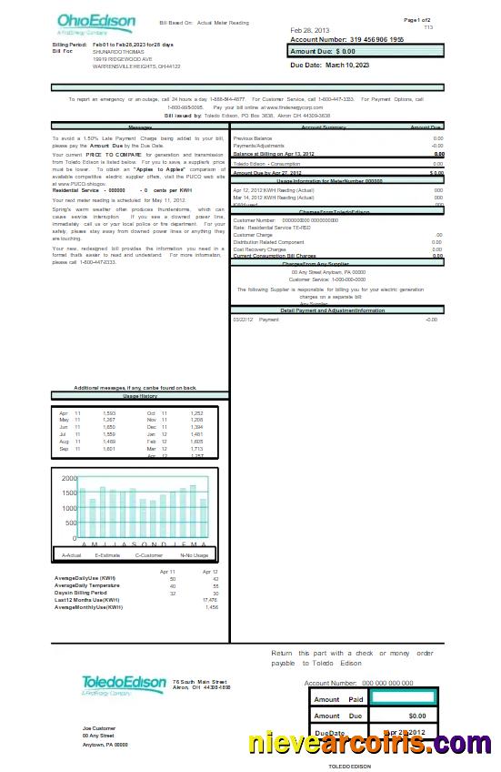 Realistic USA OHIO EDISON Utility Bill Word And PDF Template