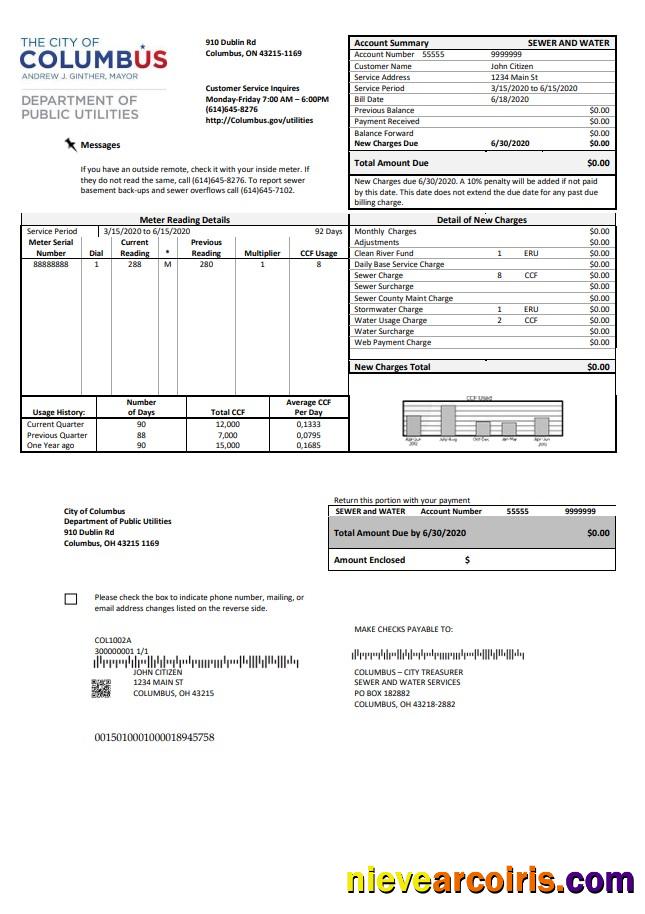 Realistic USA Ohio City Of Columbus Utility Bill Template In Word And PDF Format