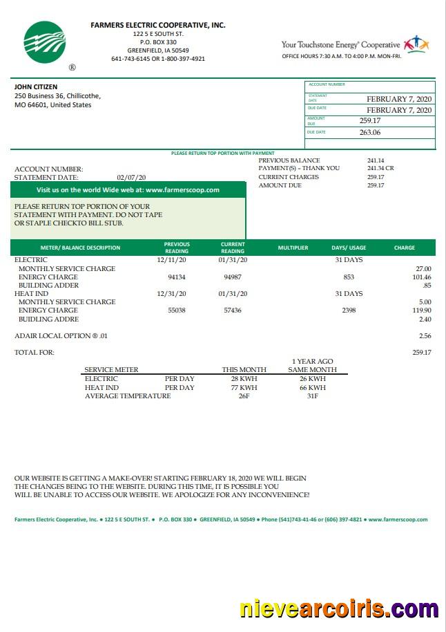 Realistic USA Ohio Farmers Electric Cooperative Utility Bill Template In Word And PDF Format, Version 2