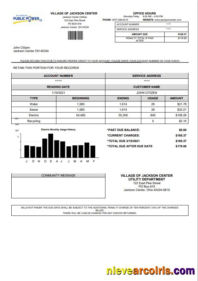 Professional USA Ohio Village Of Jackson Center Public Power Utility Bill Template In Word And PDF Format