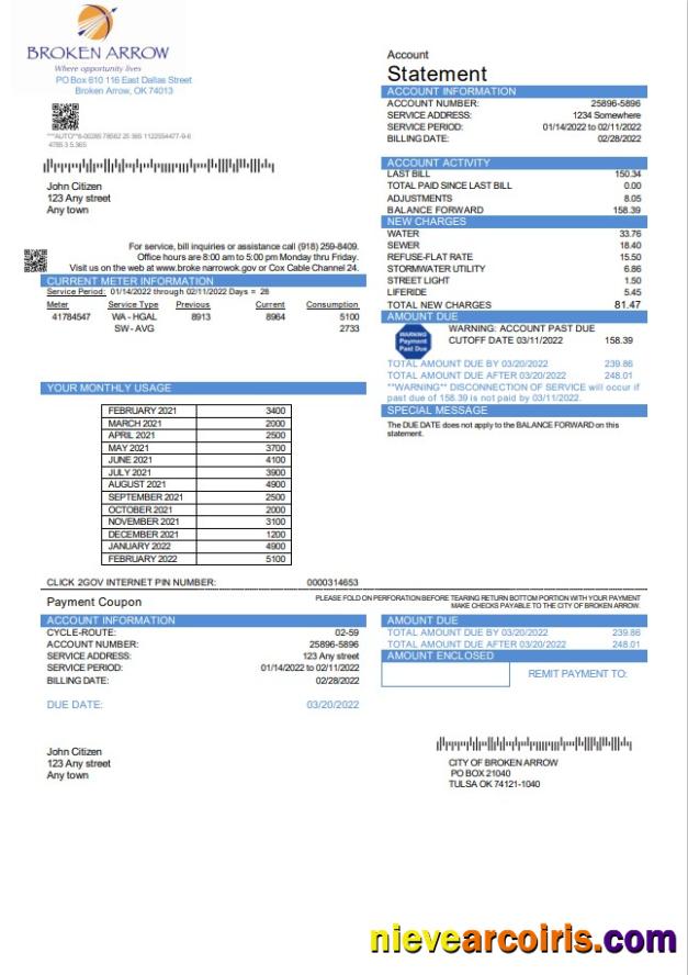 Editable USA Oklahoma City Of Broken Arrow Utility Bill Template In Word And PDF Format