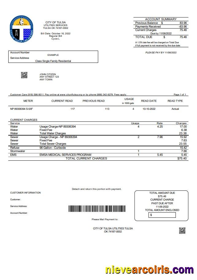 Realistic USA Oklahoma City Of Tulsa Utility Bill Template In Word And PDF Format