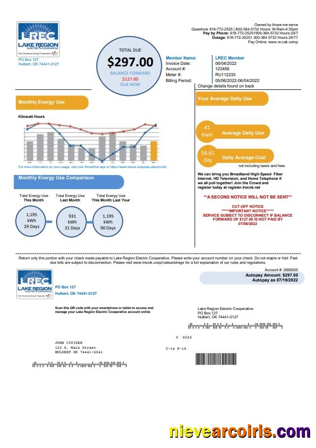Realistic USA Oklahoma LREC Lake Region Utility Bill Template In Word And PDF Format