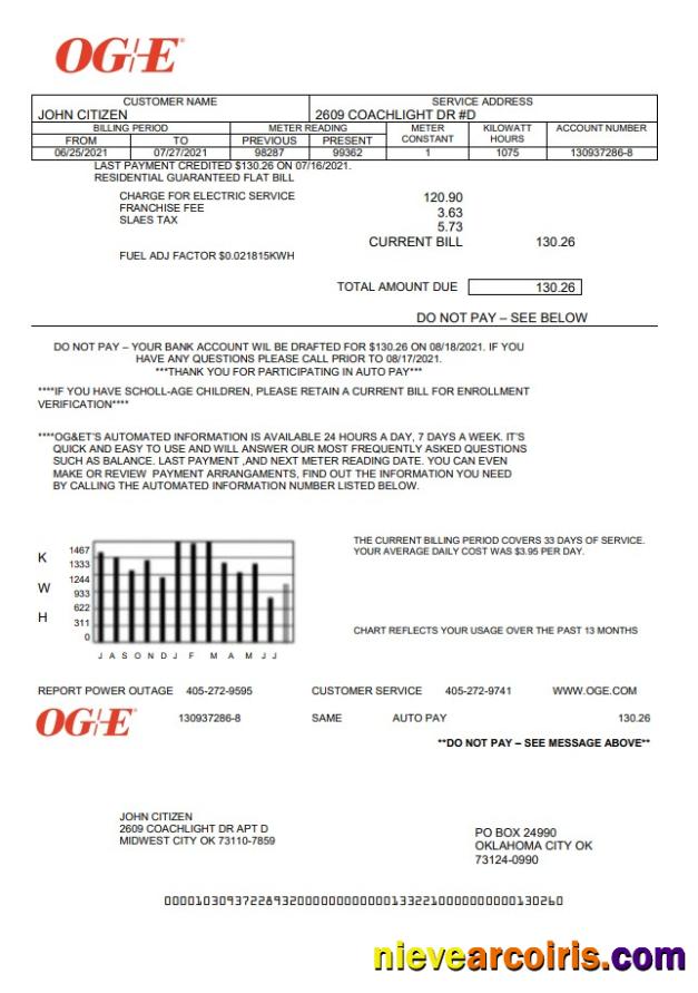 Realistic USA Oklahoma OGE Energy Utility Bill Template In Word And PDF