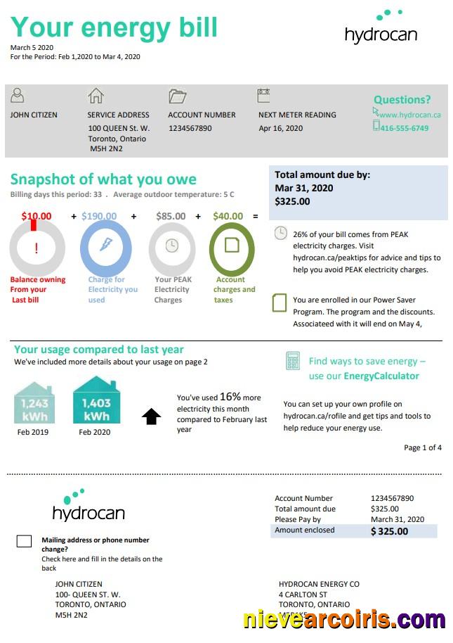 Editable USA Ontario Hydrocan Electricity Utility Bill Template In Word And PDF Format
