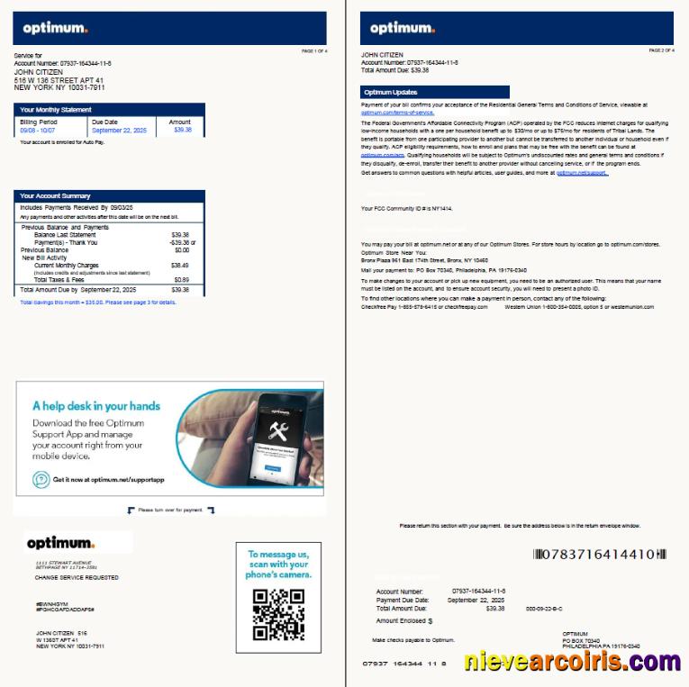 Realistic USA Optimum Utility Bill Template In Word And PDF Formats, 4 Pages, Version 2, 1 2 Pages