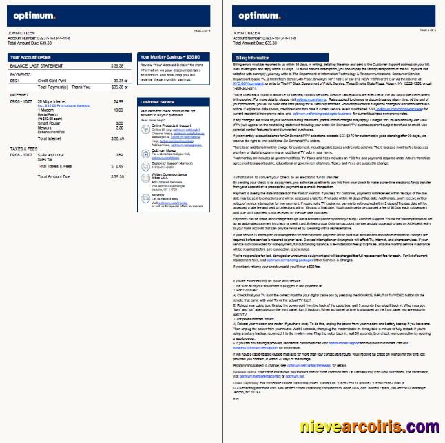 Professional USA Optimum Utility Bill Template In Word And PDF Formats, 4 Pages, Version 2, 3 4 Pages