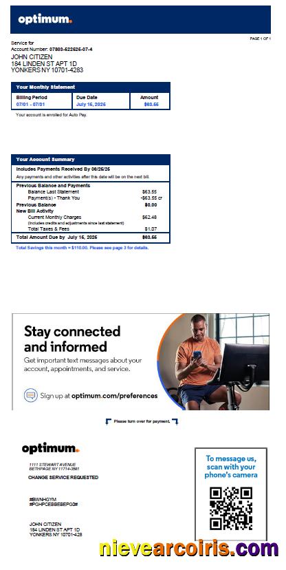 Realistic USA Optimum Utility Bill Template In Word And PDF Formats, Version 2
