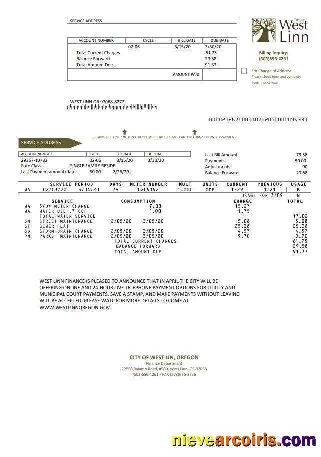 Realistic USA Oregon City Of West Linn Utility Bill Template In Word And PDF Format