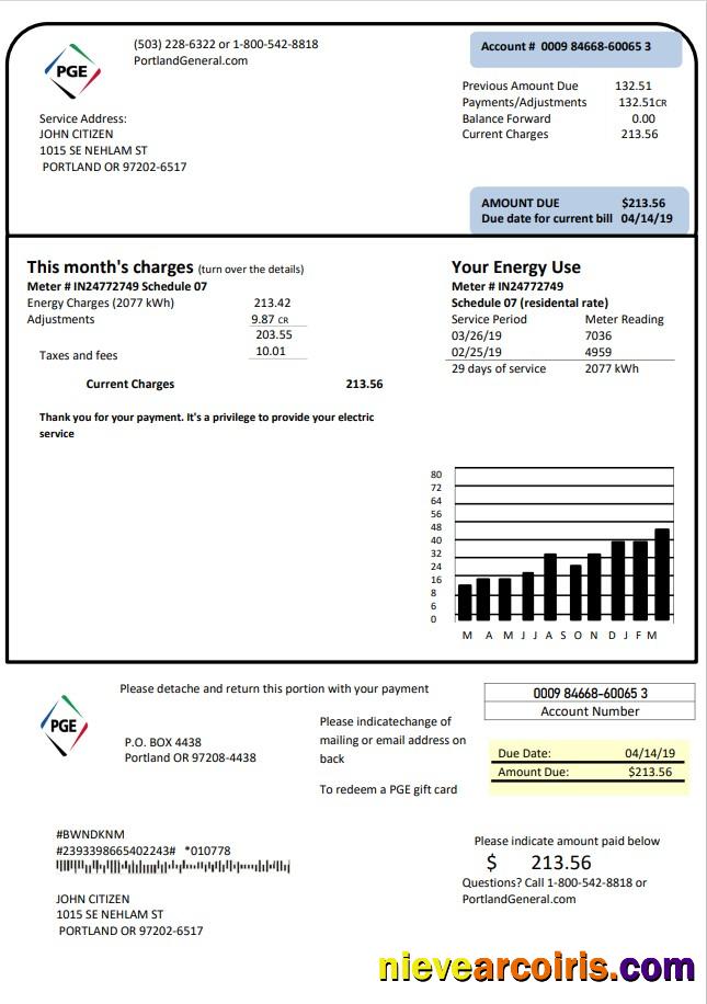 Realistic USA Oregon PGE Electricity Utility Bill Template In Word And PDF Format
