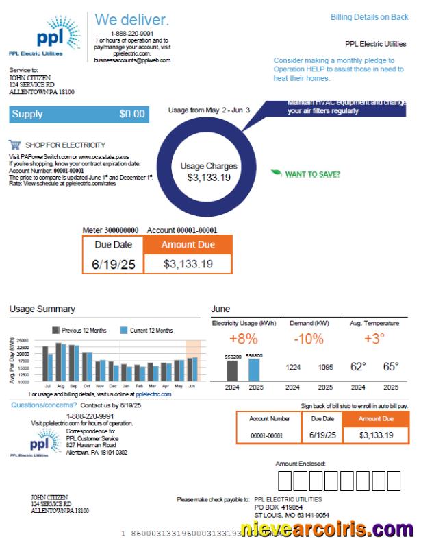 Editable USA PPL Electric Utility Bill Template In Word And PDF Formats, Version 2