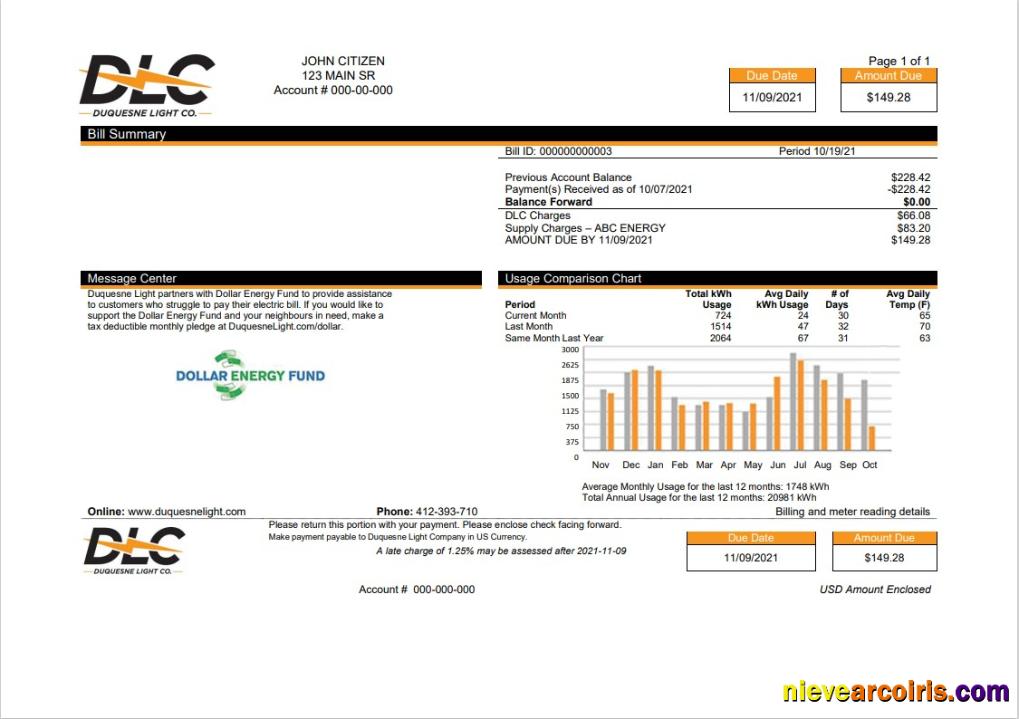 Editable USA Pennsylvania Duquesne Light Company (DLC) Utility Bill Template In Word And PDF Format