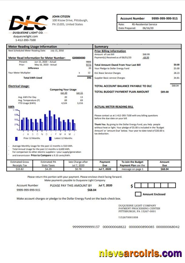 Realistic USA Pennsylvania Duquesne Light Utility Bill Template In Word And PDF Format