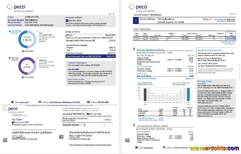 USA Pennsylvania PECO Electric And Gas Utility Bill, 3 Pages Sample