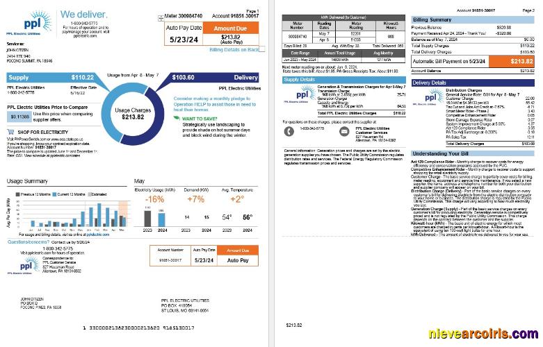 USA Pennsylvania PPL Electric Utility Bill, 3 Pages Photolook