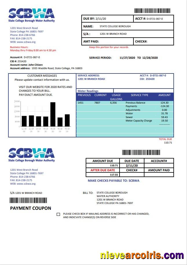 Premium USA Pennsylvania SCBWA Water Utility Bill Template In Word And PDF Format