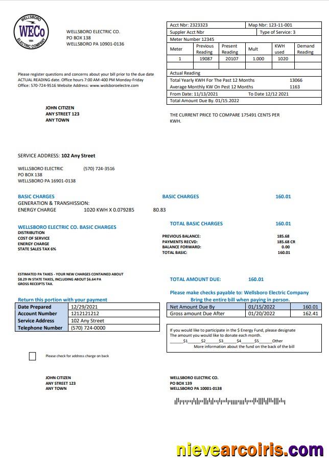 Professional USA Pennsylvania Wellsboro Electric Utility Bill Template In Word And PDF Format
