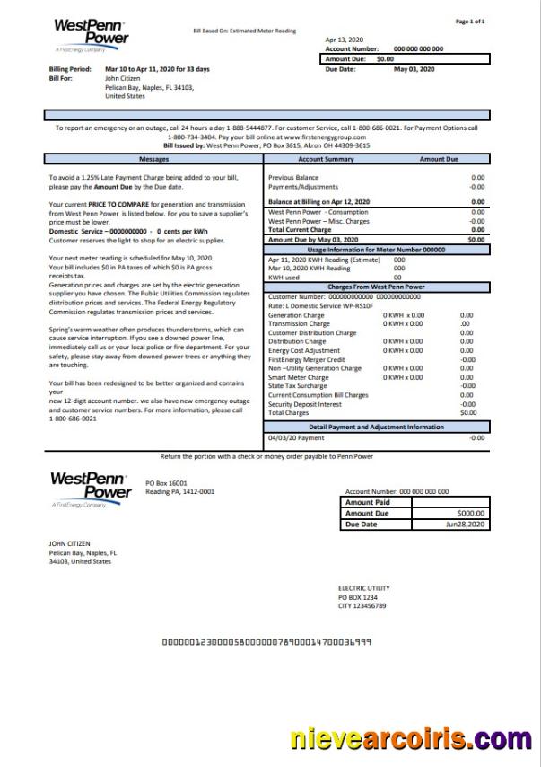 Editable USA Pennsylvania West Penn Power Utility Bill Template In Word And PDF Format