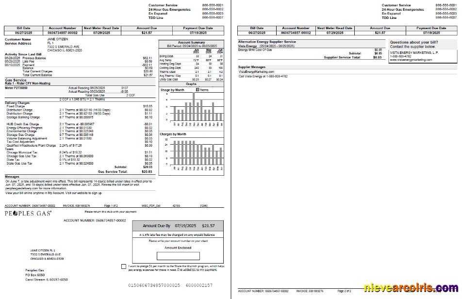 Professional USA Peoples Gas Utility Bill Template In Word And PDF Formats, 2 Pages