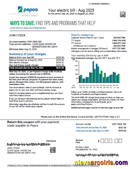 Editable USA Pepco Utility Bill Template In Word And PDF Formats, Version 2