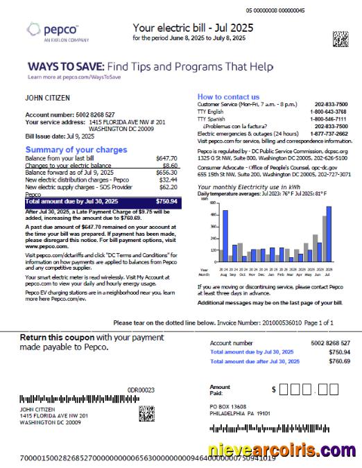 Realistic USA Pepco Utility Bill Template In Word And PDF Formats, Version 3