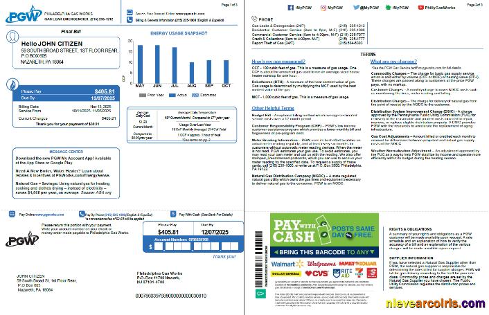 Realistic USA Philadelphia Gas Works Utility Bill Template In Word And PDF Formats, 3 Pages, 1 2 Pages