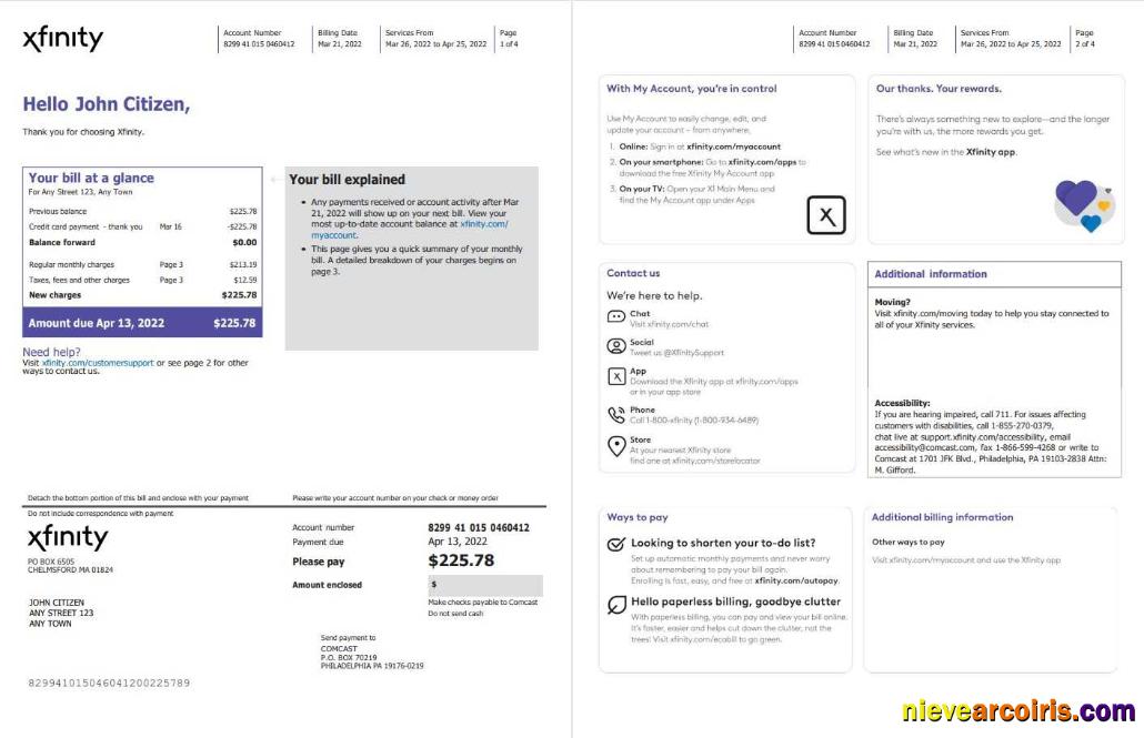 Premium USA Philadelphia Xfinity Utility Bill Word And PDF Template, 4 Pages 1 2