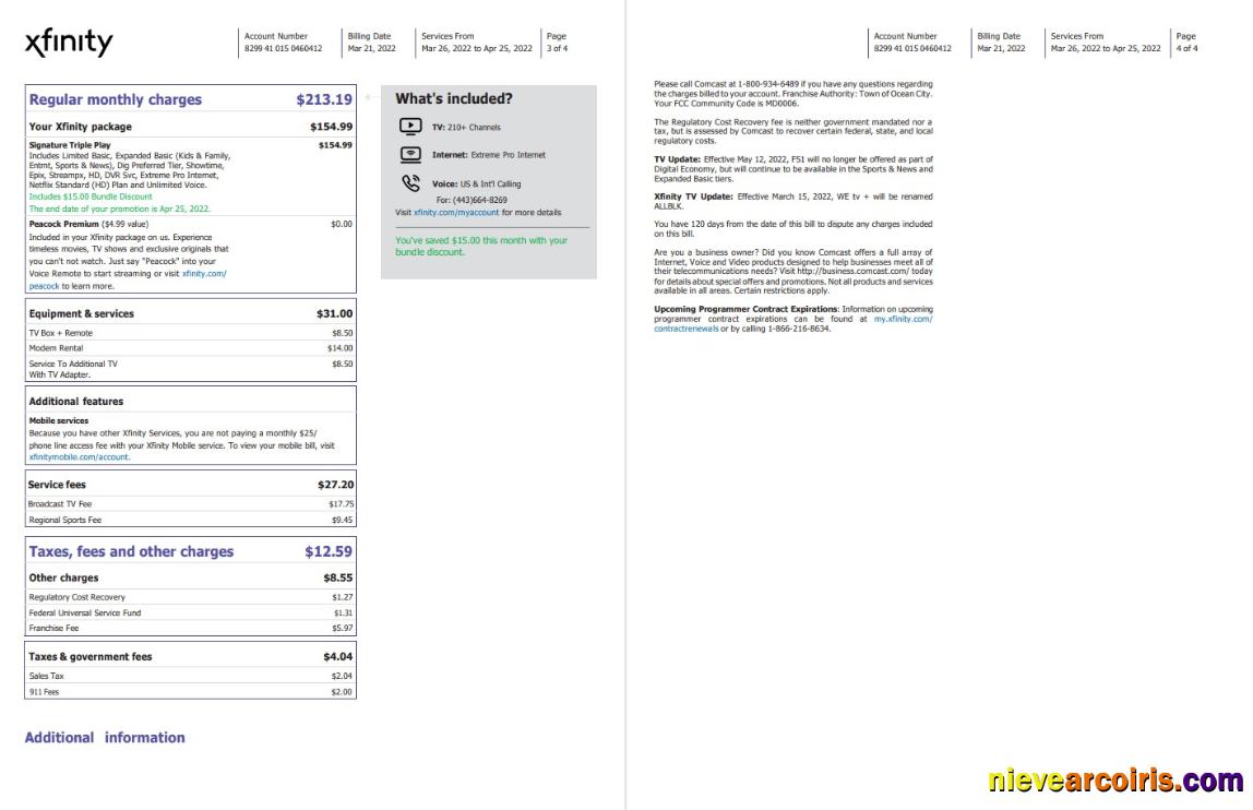 Professional USA Philadelphia Xfinity Utility Bill Word And PDF Template, 4 Pages 3 4