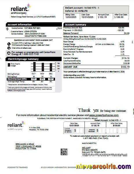 Editable USA Reliant Energy Utility Bill Template In Word And PDF Formats, Version 2