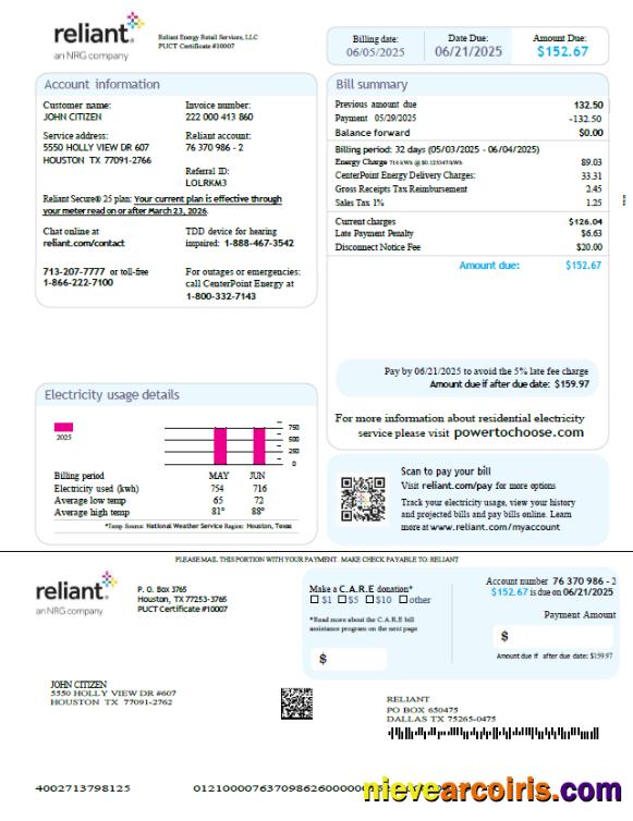 Editable USA Reliant Energy Utility Bill Template In Word And PDF Formats, Version 3