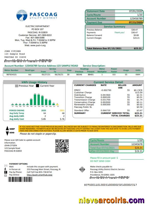 Realistic USA Rhode Island Pascoag Utility District Utility Bill Template In Word And PDF Format