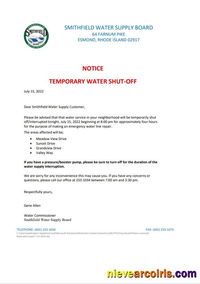 Premium USA Rhode Island Smithfield Water Supply Board Water Shut Off Notice, Word And PDF Template