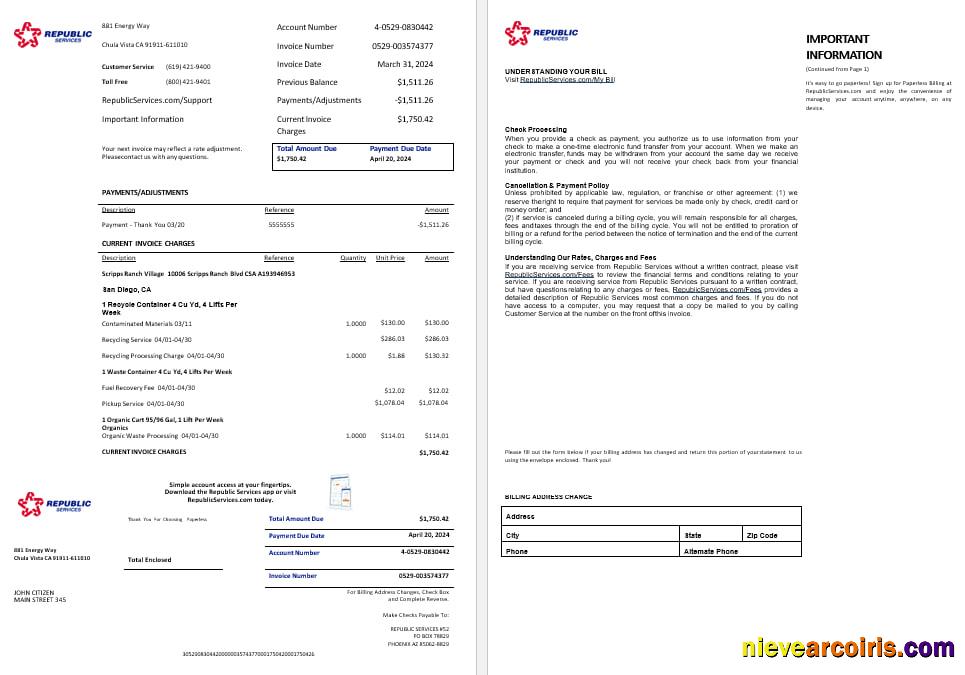 USA Rpublic Services Energy Utility Bil Word And PDF Formats, 2 Pages Sample