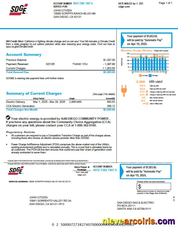 Realistic USA SDGE Utility Bill Template In Word And PDF Formats, Version 2