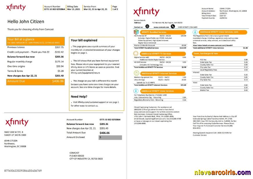 Professional USA San Francisco Xfinity Comcast Utility Bill Template In Word And PDF Format (2 Pages)